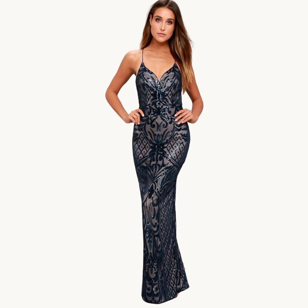 Lulus Ruby Navy Blue Sequin Lace Up Back Maxi Dress Size M